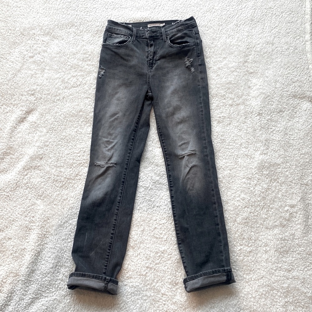 LEVI High Rise grey distressed strait leg denim
